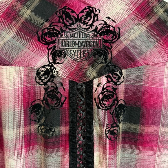 Harley-Davidson Women's Size M Hearts & Serpents Laced Purple Plaid Button Shirt - Picture 5 of 11